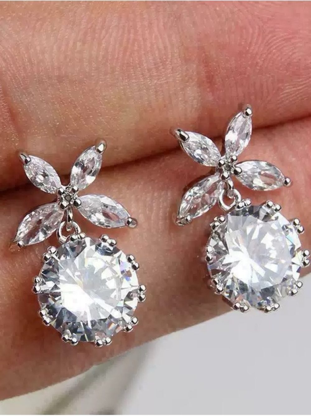Anthropologie Silver-Tone Clear Crystal Floral Drop Earrings